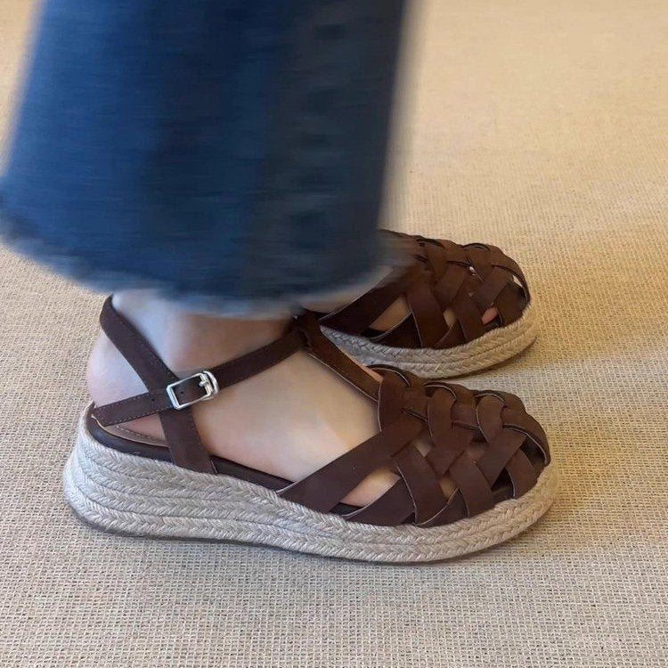Woven Linen Casual Ethnic Vintage Chic Sporty Sandals With A Comfortable Thick Wedge Sole