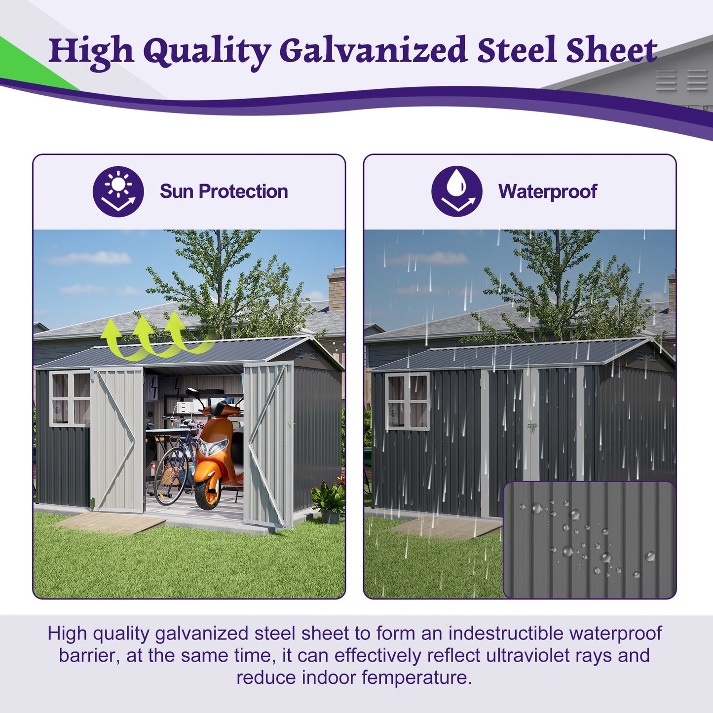 10X8FT Outdoor Steel Storage Shed with Clear Window, Lockable Doors
