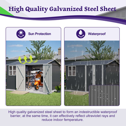 10X8FT Outdoor Steel Storage Shed with Clear Window, Lockable Doors