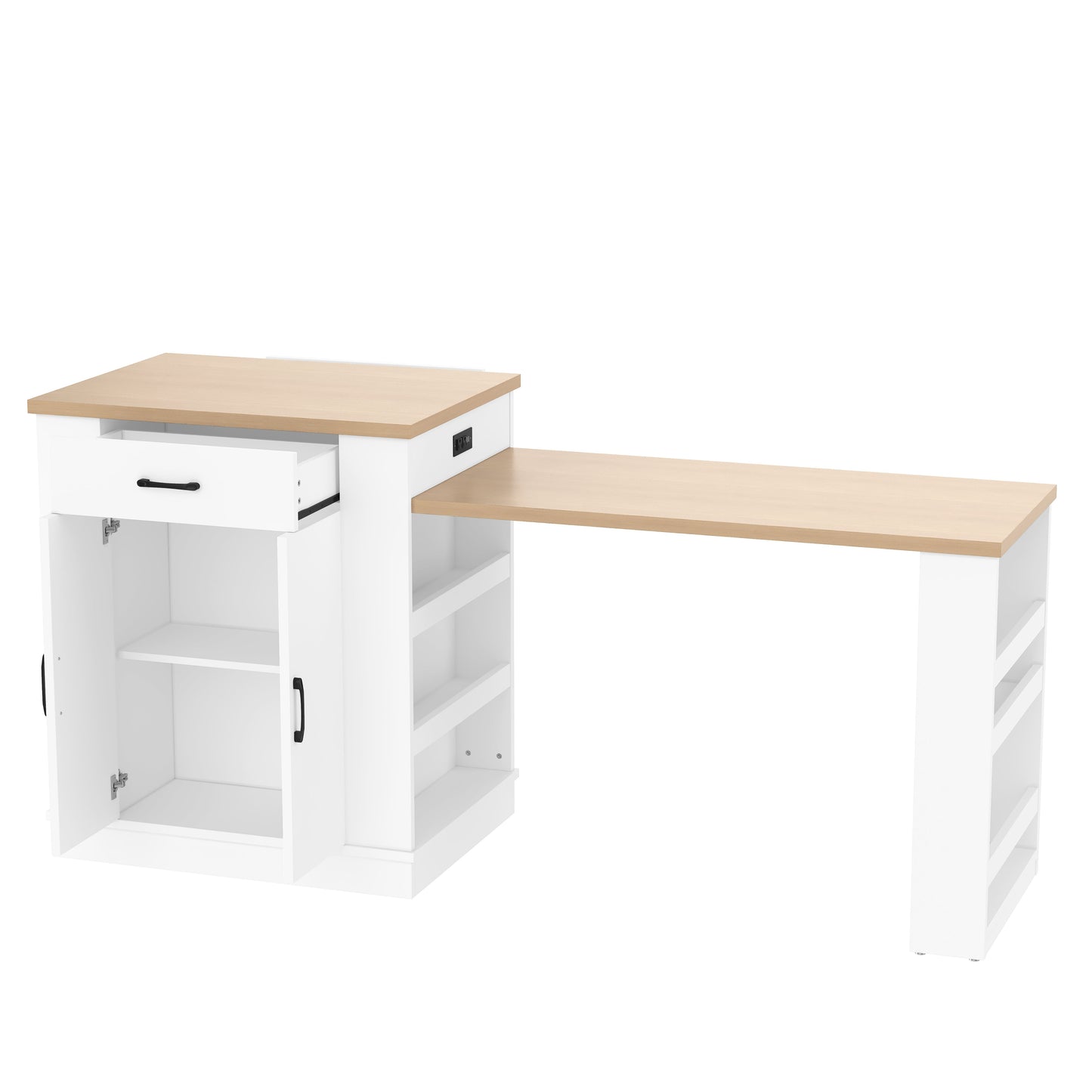 Extendable Island Console with Drawers, Double-Door Cabinet, and Open Shelving