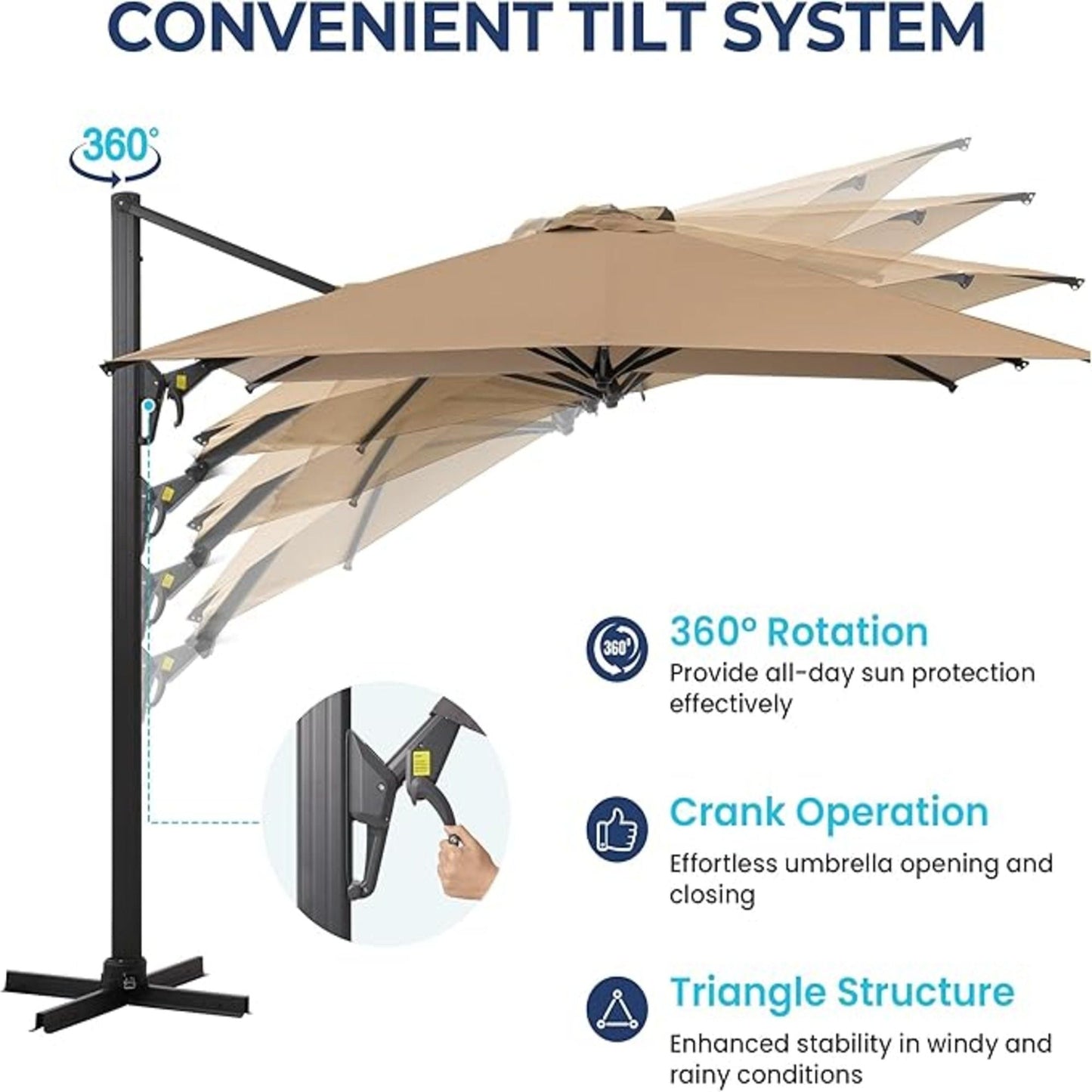 Round Cantilever Patio Umbrella With 360 Rotation & Infinite Tilt Adjustment