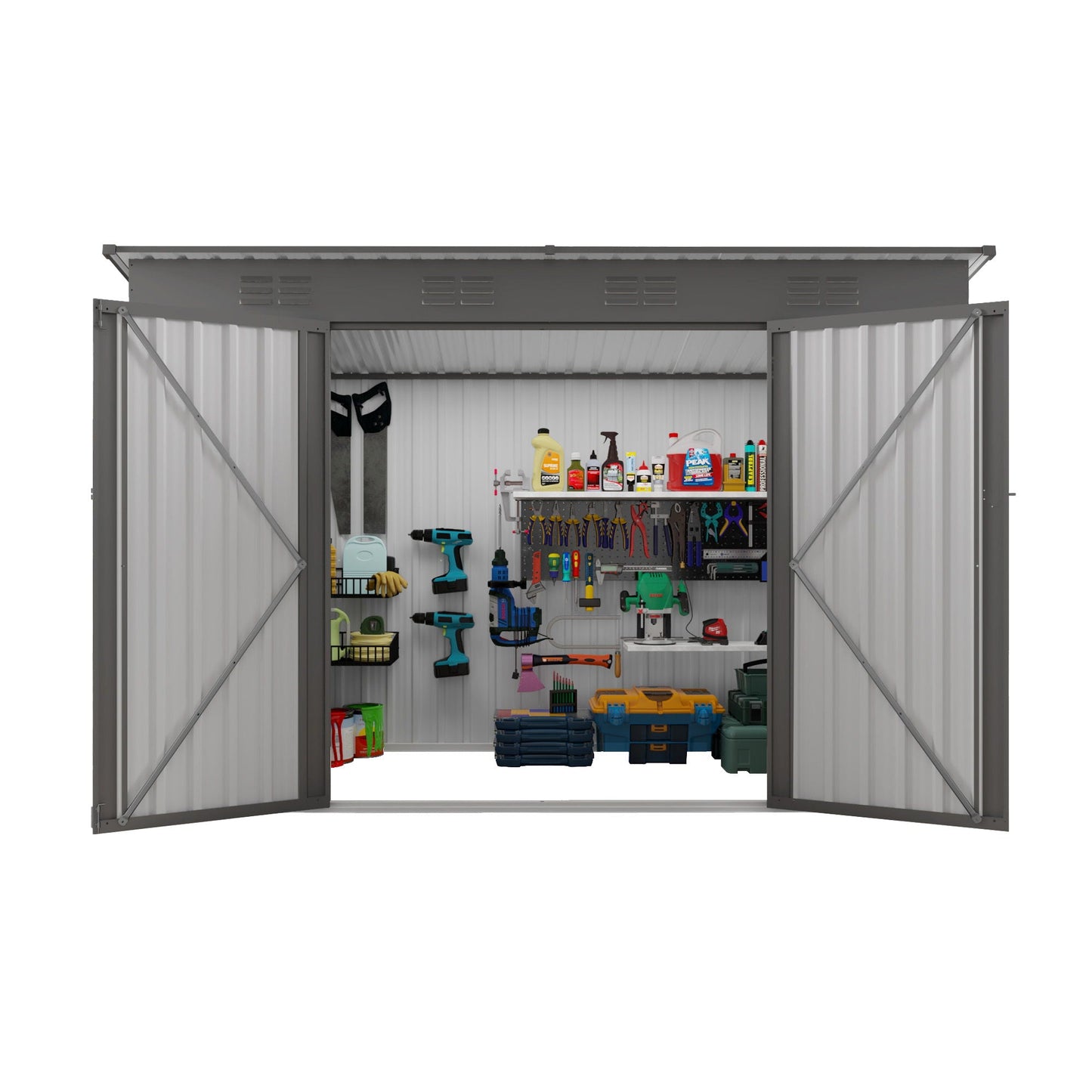 Outdoor Storage Shed, Tool House With Sloping Roof, 6 Vents And 2 Swing Doors For Backyard - Gray