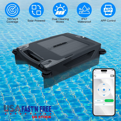 Solar PoweredÊRobotic Pool SkimmerÊAutomatic Swimming Pool Surface Cleaner with 2 Cleaning Modes Dual Charging Methods IPX7 Waterproof 1937sq.ft Cover