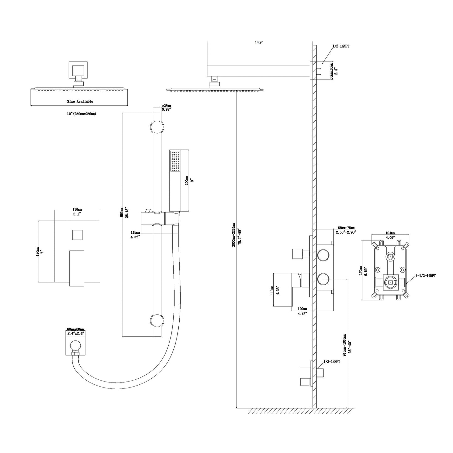 Modern Shower System With Adjustable Slide Bar, Stainless Steel And Brass Construction