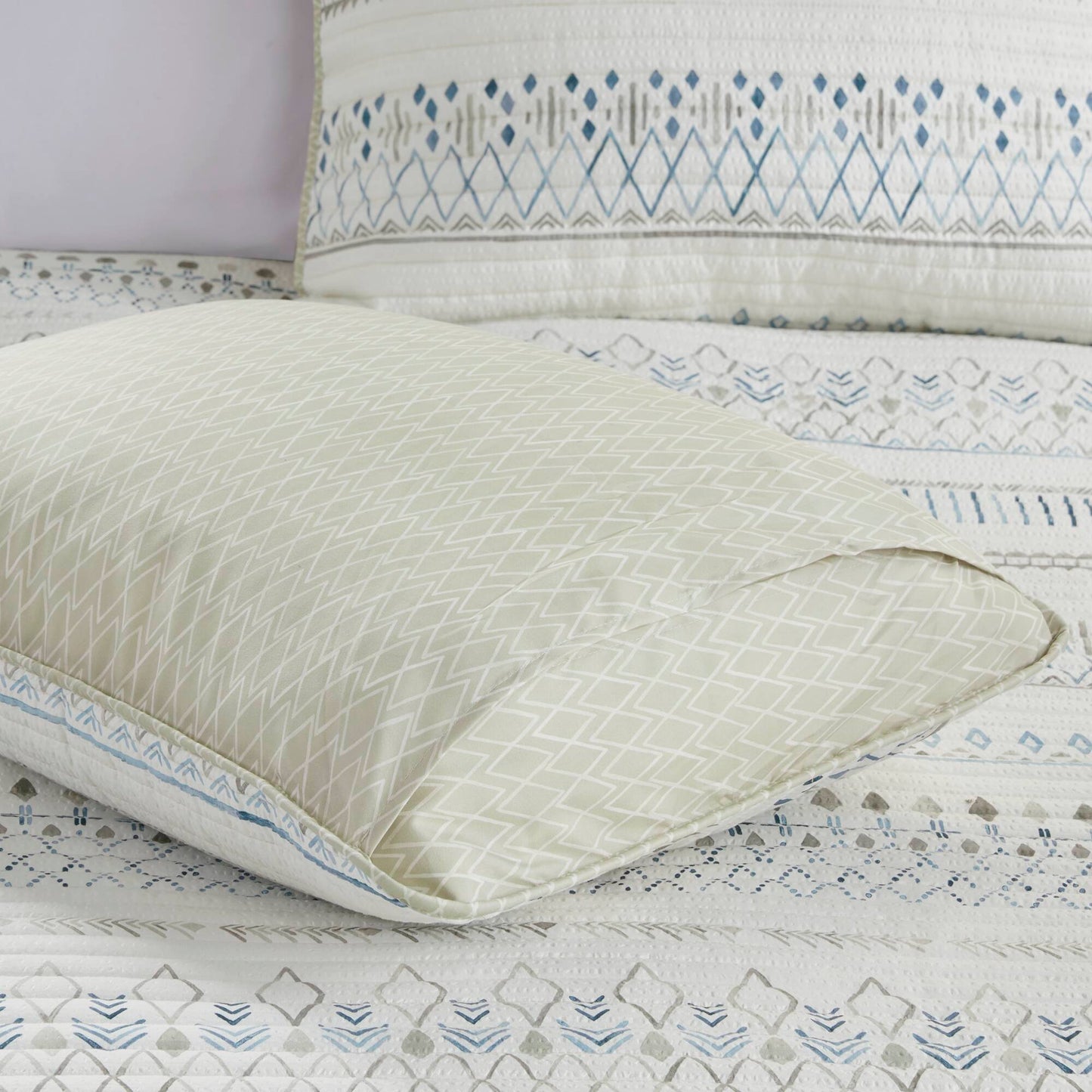3 Piece Printed Microfiber Seersucker Quilt Set Taupe/Blue Full/Queen