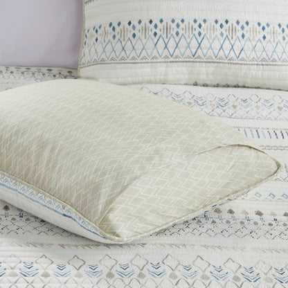 3 Piece Printed Microfiber Seersucker Quilt Set Taupe/Blue Full/Queen