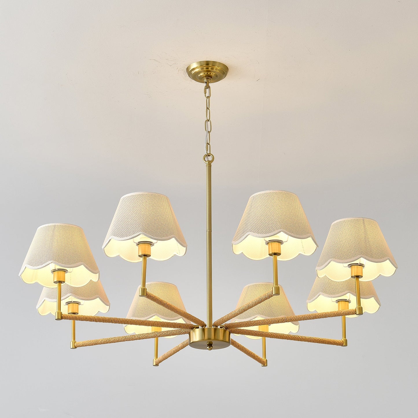 8-Light Rope and Fabric Shade Gold Chandelier
