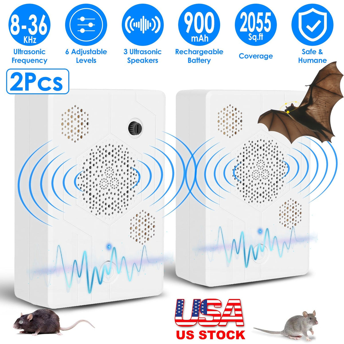 2Pack 2026 Upgraded Rechargeable Ultrasonic Bat Repellent Indoor Outdoor Bird Mouse Dog Deterrent Device with 3 Ultrasonic Speakers for Attic Porch Ho