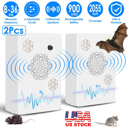 2Pack 2026 Upgraded Rechargeable Ultrasonic Bat Repellent Indoor Outdoor Bird Mouse Dog Deterrent Device with 3 Ultrasonic Speakers for Attic Porch Ho