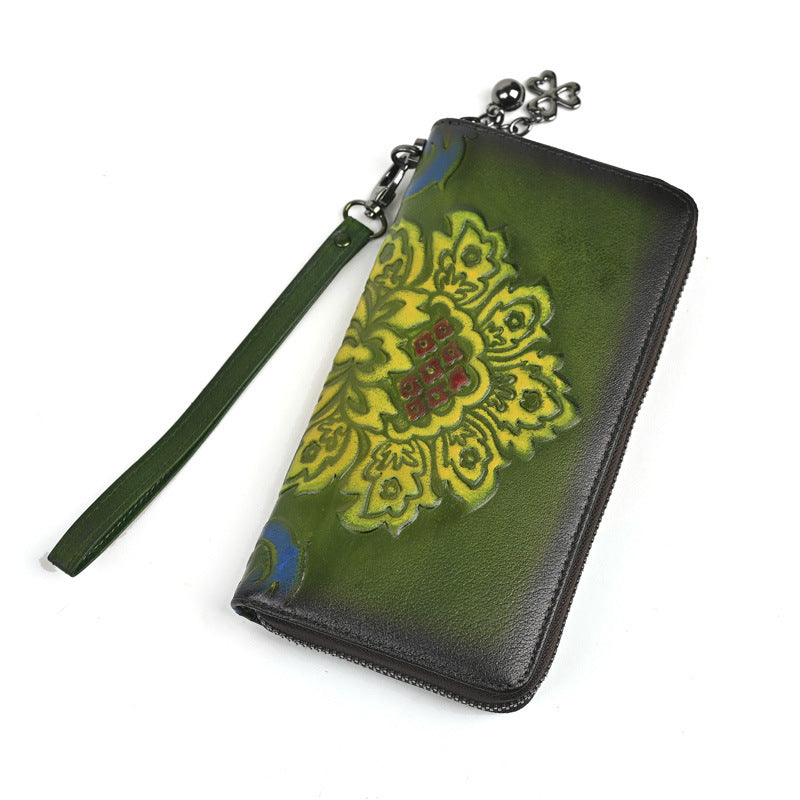 Genuine Leather Long Wallet Fashionable Zipper Clutch Bag Printed Hand-Painted Handbag