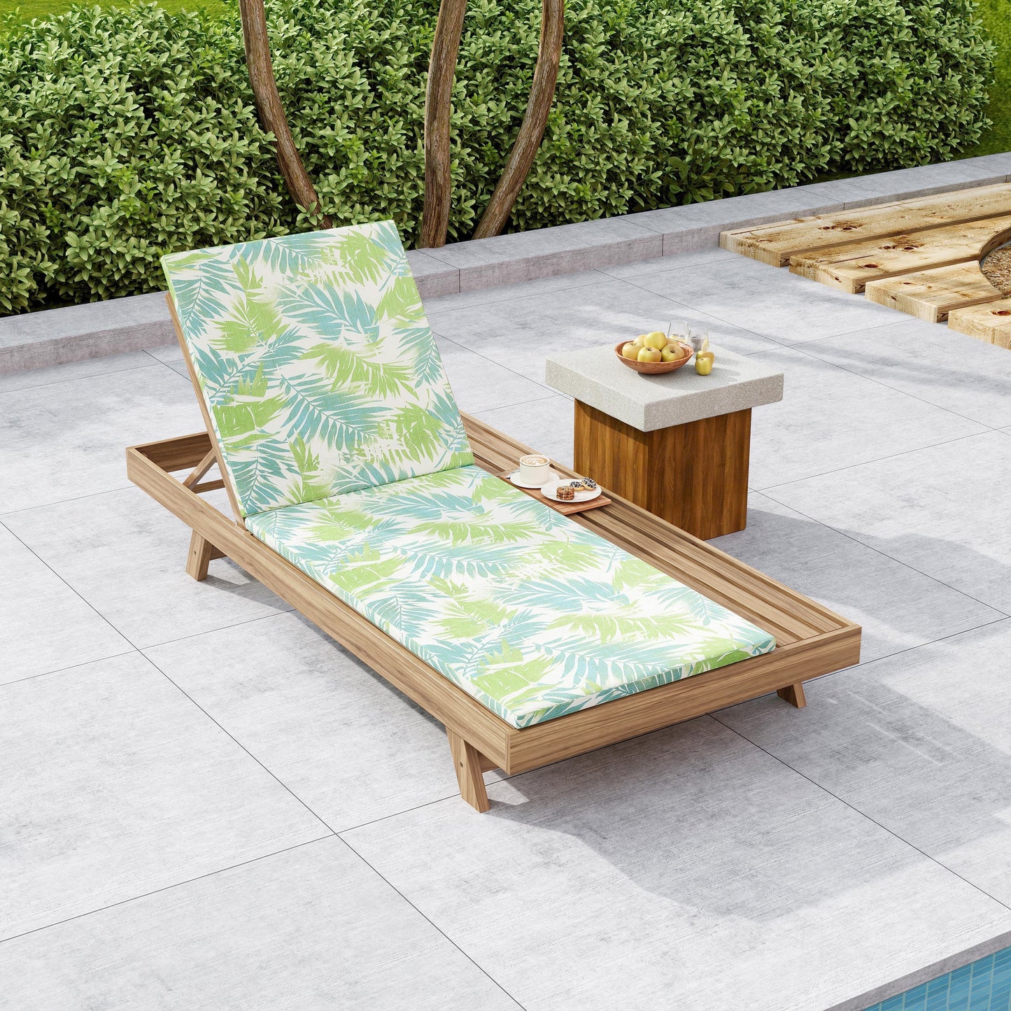 Lounge Chaise Set, Space Available On One Side, Acacia Wood In light brown With Water-Resistant Lounge Cushions (Leaf Coconut & 2 Inch Thick) – Matching Cream/Dark Grey Version Available