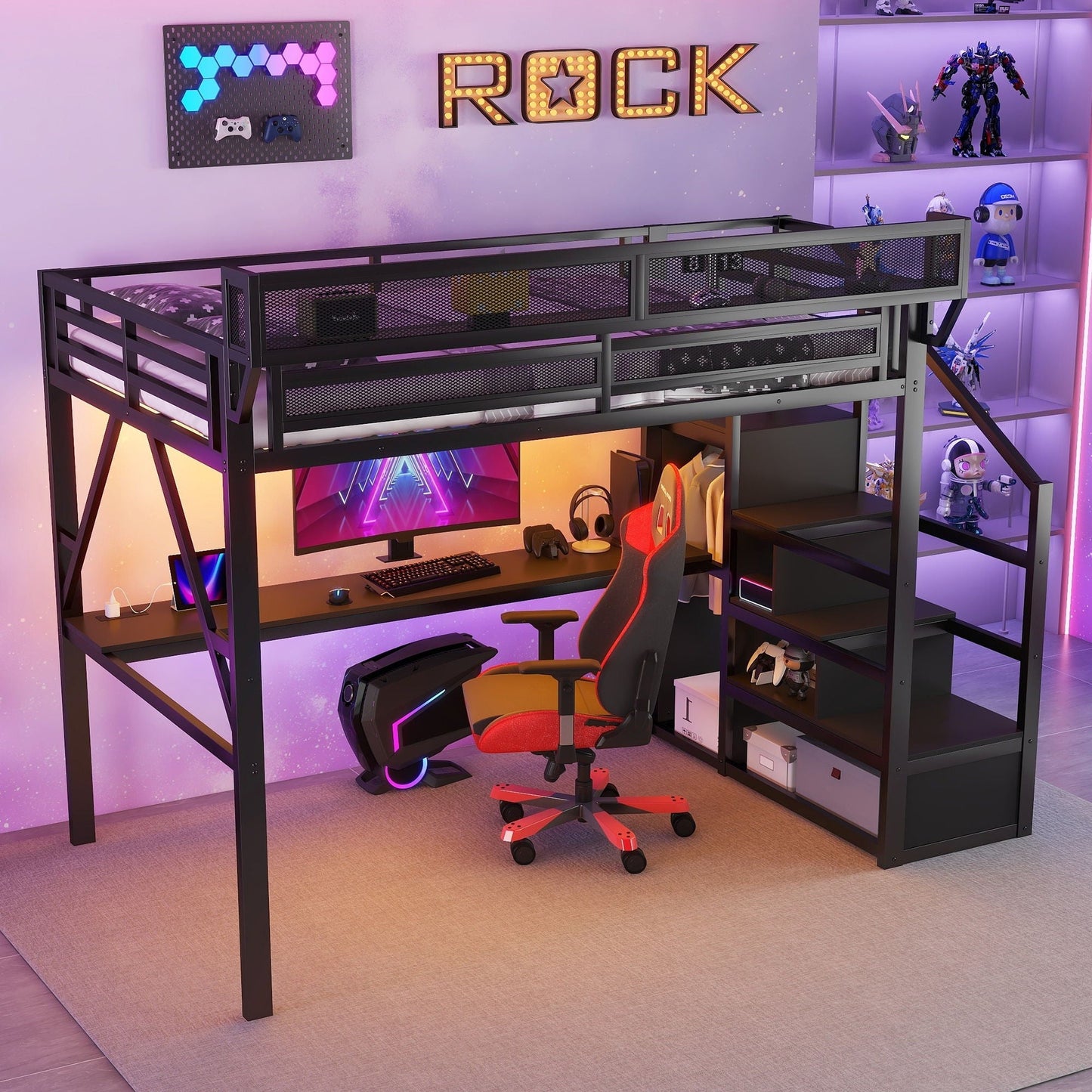 Loft Bed With Desk And Charging Station With Stairs And Light