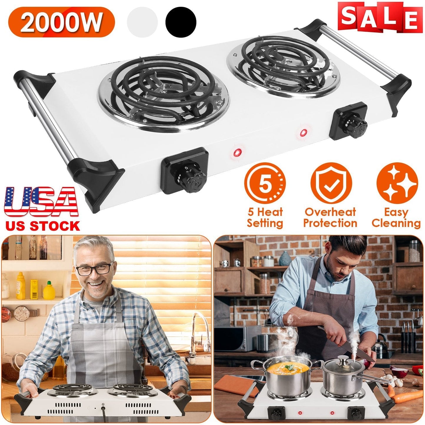 2000W Electric Dual Burner Portable Coil Heating Hot Plate Stove Countertop RV Hotplate with 5 Temperature Adjustments Portable Handles