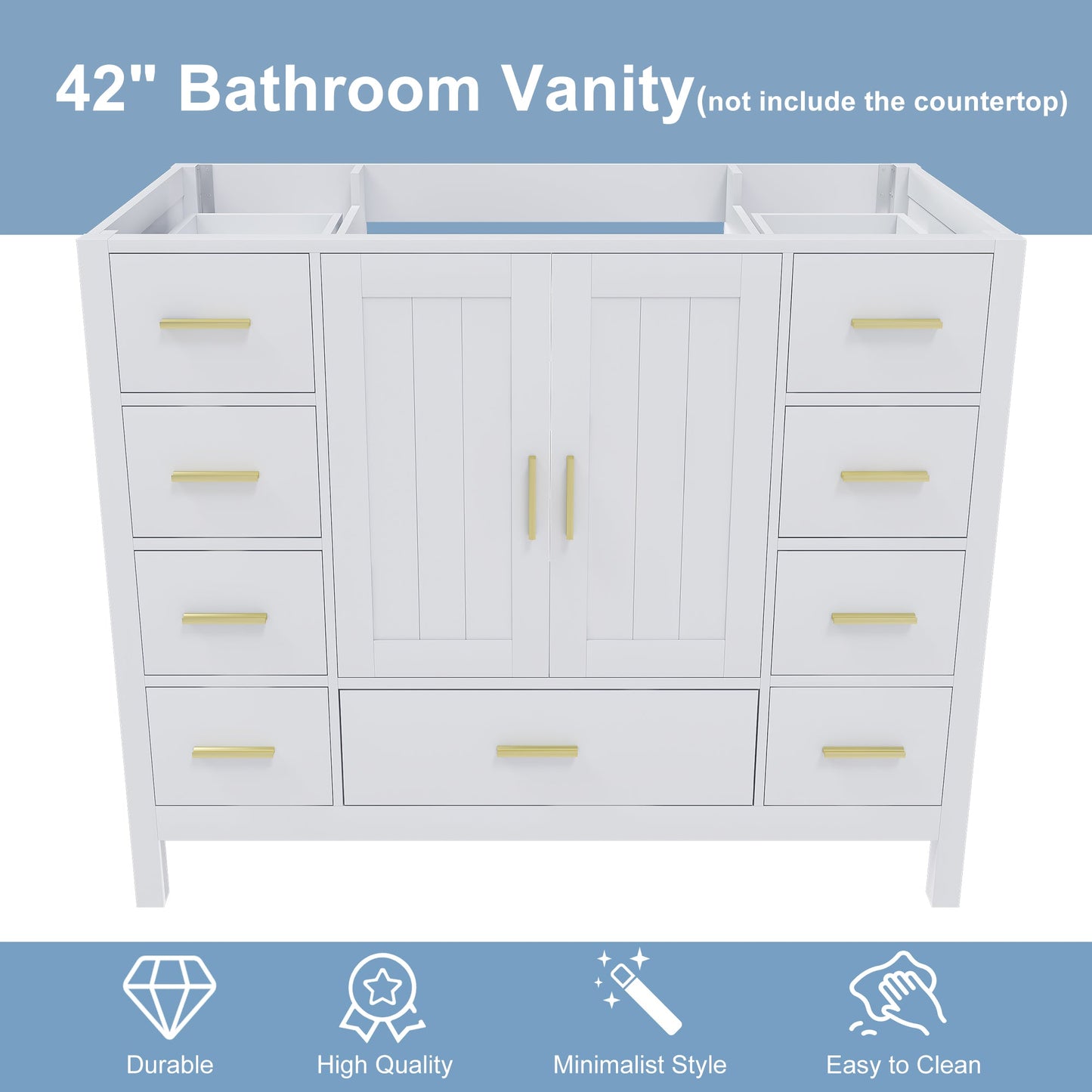 42" Bathroom Vanity Base Cabinet with 2 Soft-Close Double Doors & 9 Smooth Drawers