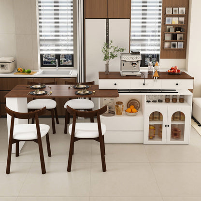 Retro Kitchen Island Set With Chairs, Extendable & Rotating Table, 4 Drawers & Door Cabinets