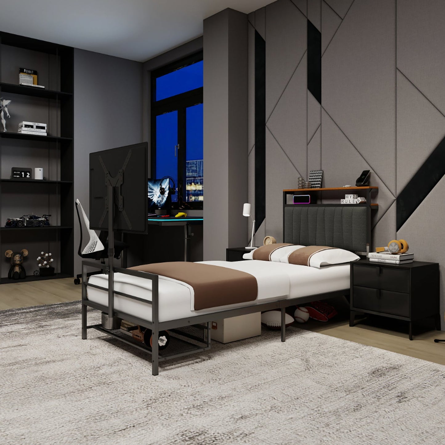Twin Size Gaming Bed with Rotating TV Mount and LED Lighting