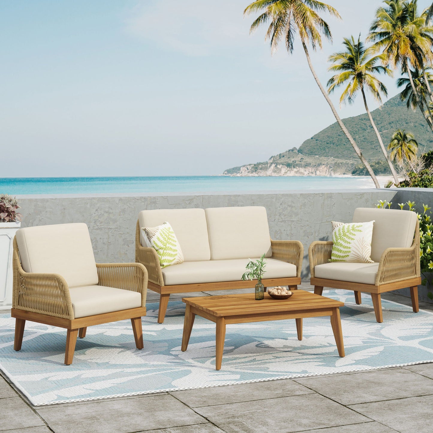 Hueber Outdoor And Rope 4 Seater Chat Set With Cushions - Teak