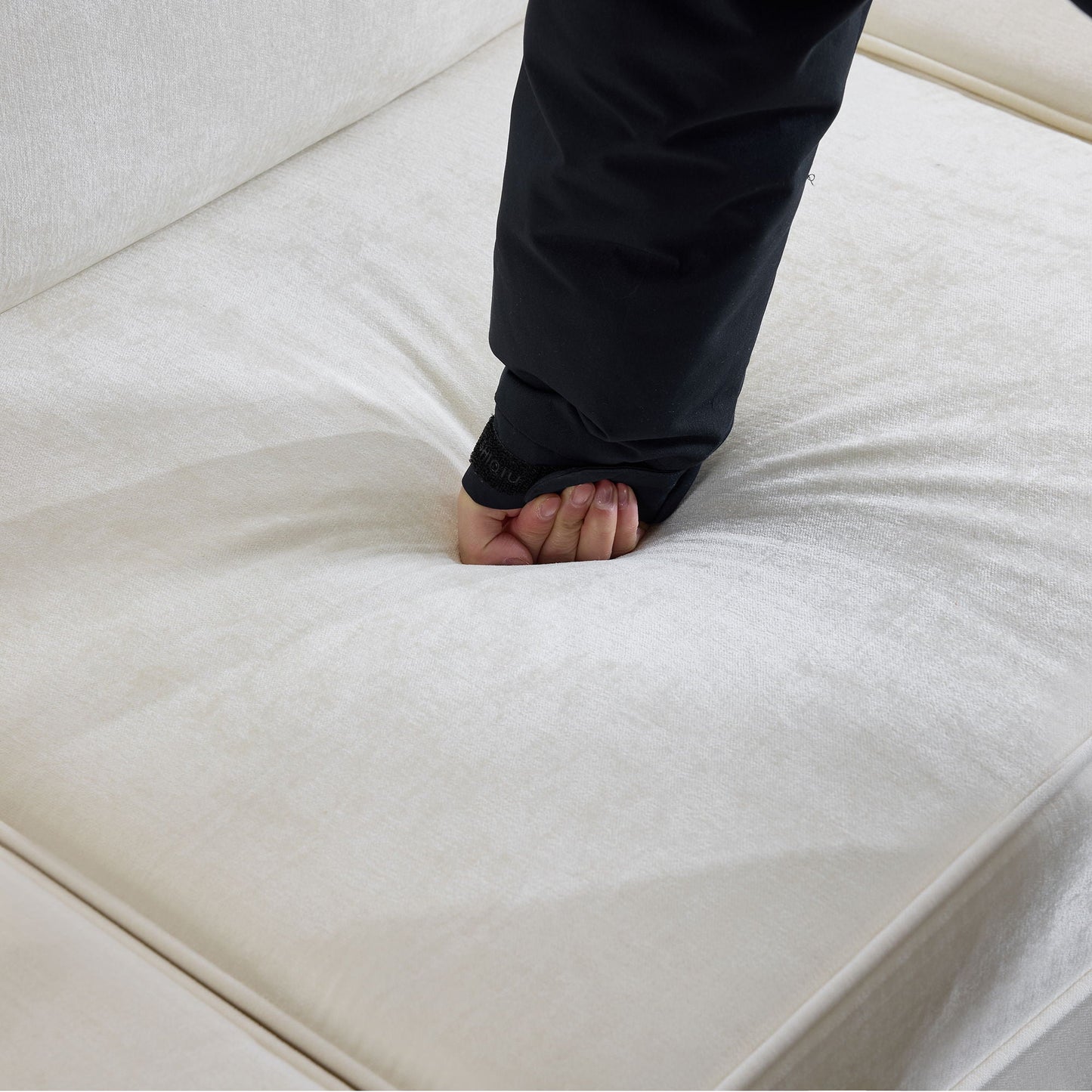 L-Shaped Sectional Sofa With Removable Ruffled Skirt, Flared Arms, Ottoman - White