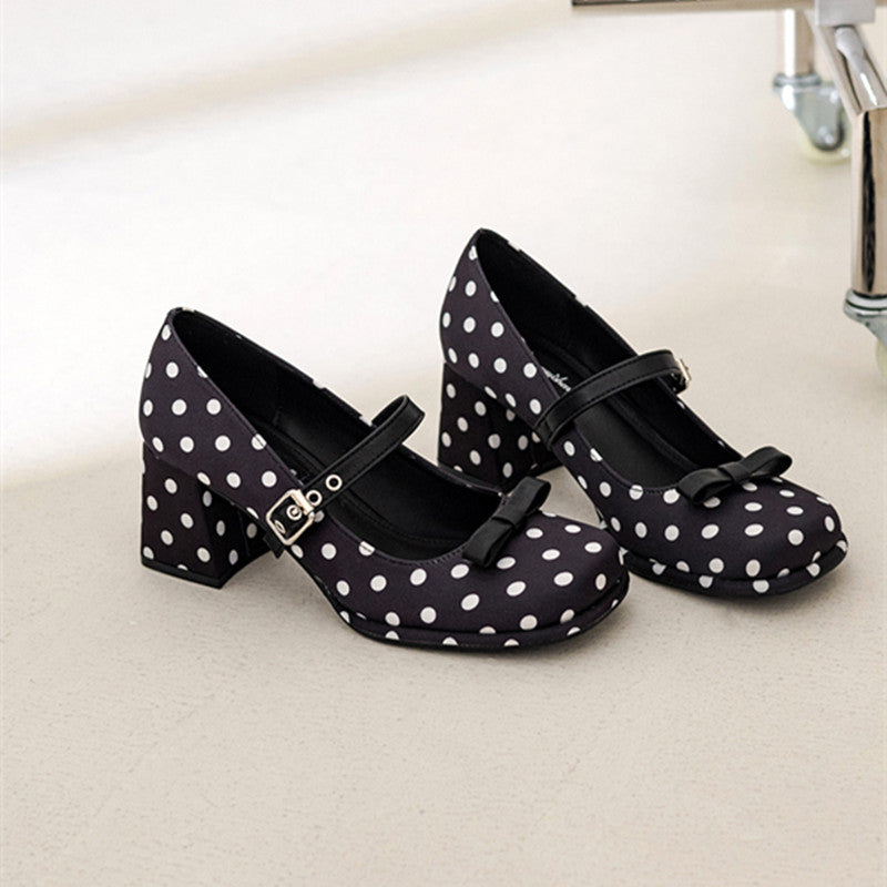 Fashionable Polka Dot Bow Mary Jane Shoes For Women In Spring, Sweet And Stylish, Thick Soled, Thick Heel, Single Button Small Fragrant High Heels
