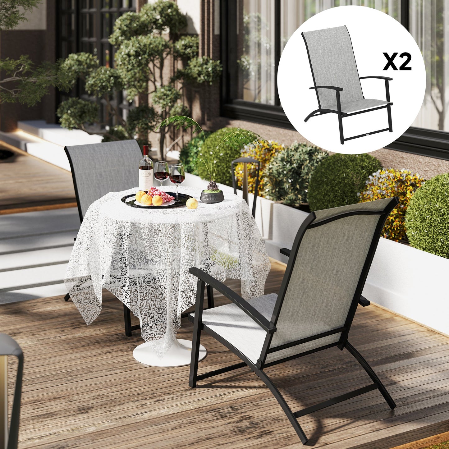 Outsunny Folding Patio Chairs Set of 2, Portable Outdoor Dining Chairs with High Back, Armrests