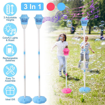 2Pack 3 In 1 Standing Bubble Machines with Colorful Lights and Music Rechargeable Bubble Maker Stands with 2 Modes 3 Adjustable Height for Party Weddi