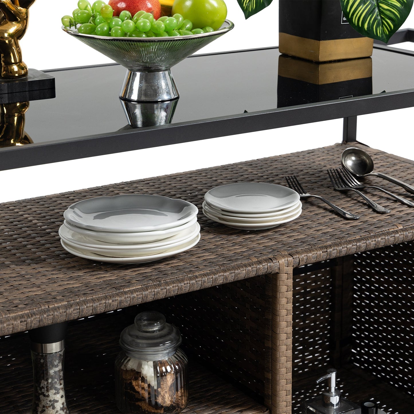 Outdoor Wicker Bar Cart with Glass Top and Wheels