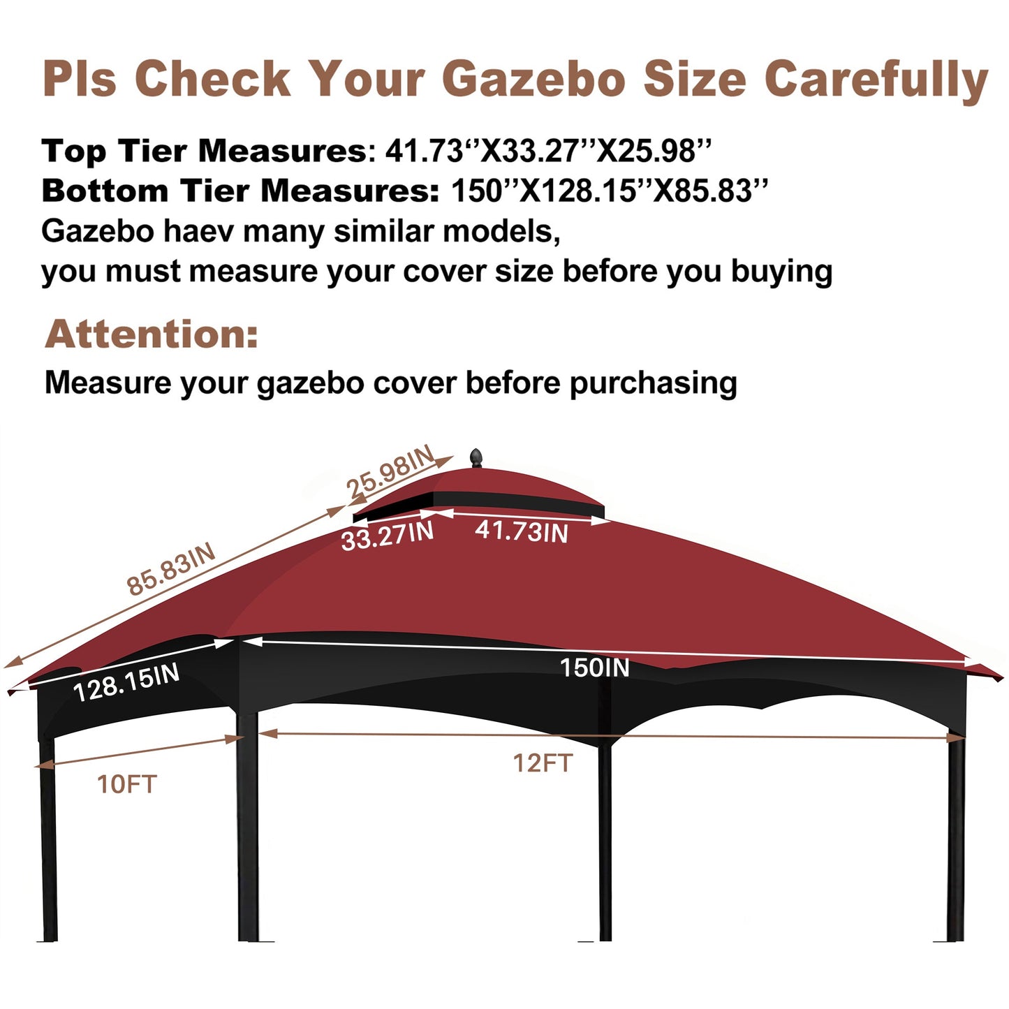 Replacement Canopy Top for Allen Roth Heavy Duty Gazebo 10x12 - Burgundy