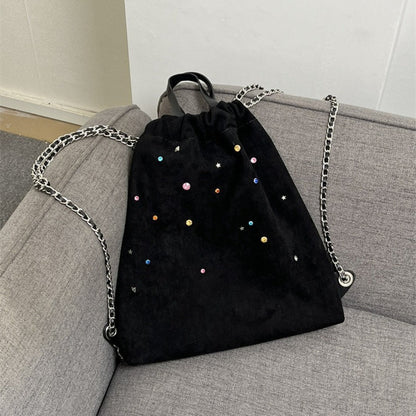 Women's bag matte suede backpack purse, splicing colored gemstone chain backpack, drawstring portable backpack
