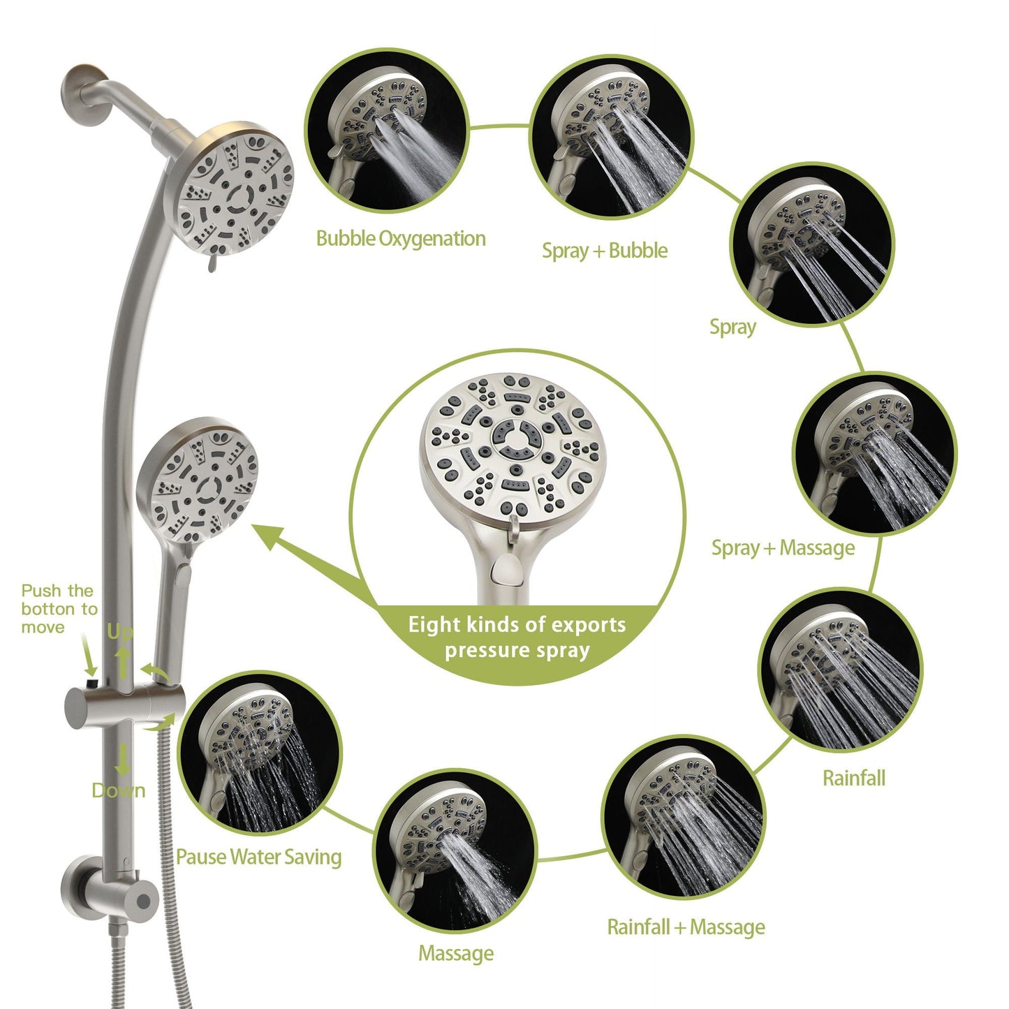 Multi Function Dual Shower Head System With 4.7" Rain Showerhead, 8 Function Hand Shower, Adjustable Slide Bar