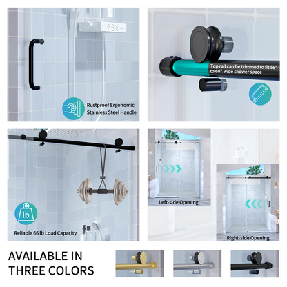 56" - 60" W x 76" H Single Sliding Frameless Shower Door