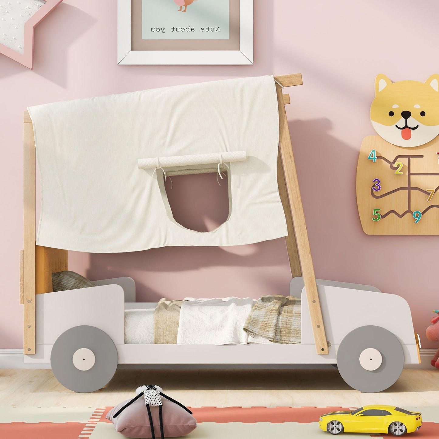 Twin Size Car Bed With Pillow, Ceiling Cloth And LED - Natural