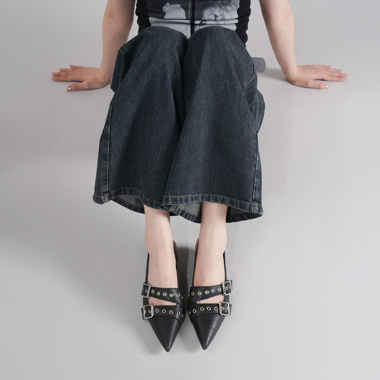 Black Punk Double Buckle Eyelet Pointed Toe Slingback Flat Mules For Women, Vintage Backless Slide Sandals