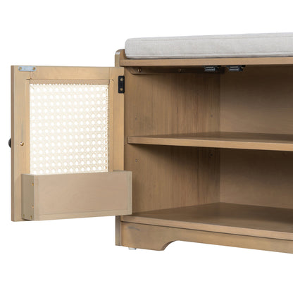 Rustic Storage Bench with Woven Rattan Doors - Natural Wood Finish