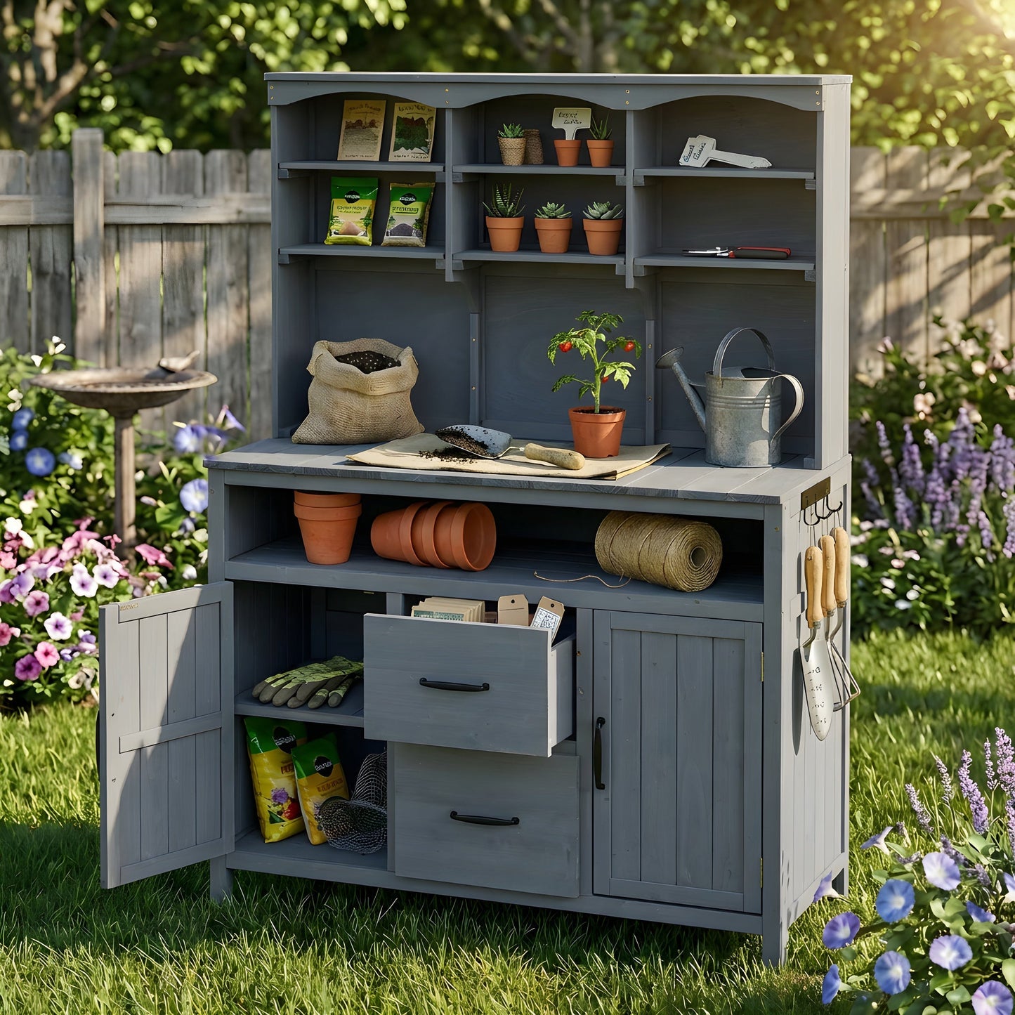 TOPMAX Large Fir Wood Potting Bench with Hutch and Storage