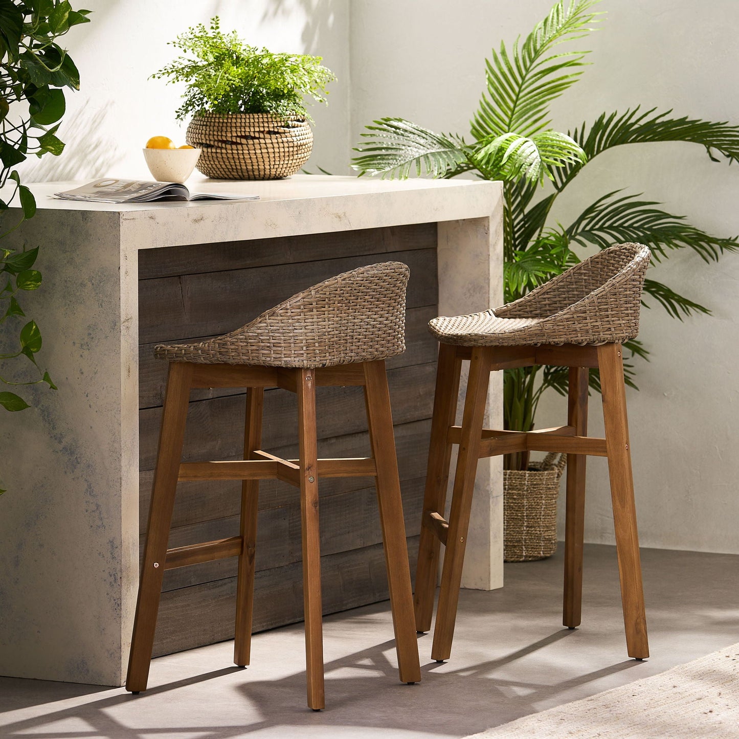 Beeson Outdoor Wicker and Acacia Wood Barstools Set, Water Resistant - Brown