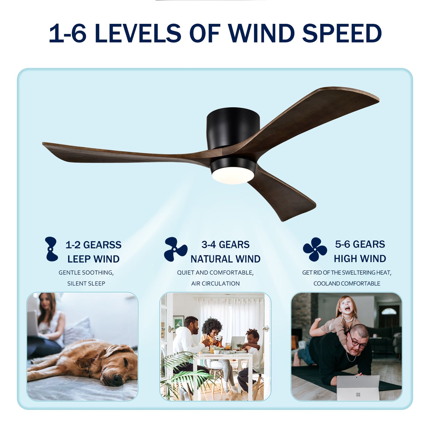 52" Flush Mount Solid Wood Blades Ceiling Fan with Lights Remote Control