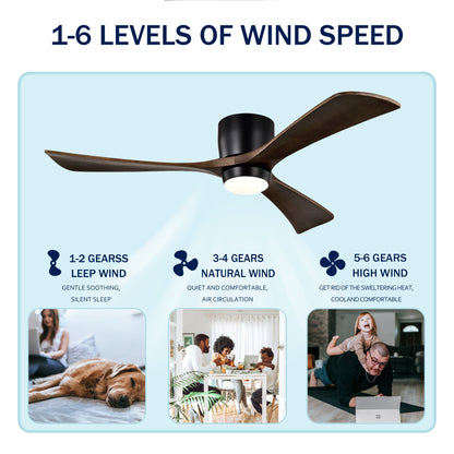52" Flush Mount Solid Wood Blades Ceiling Fan with Lights Remote Control