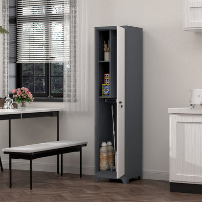 Broom Storage Cabinet Narrow Slim With Hooks And Shelves, Heavy-Duty