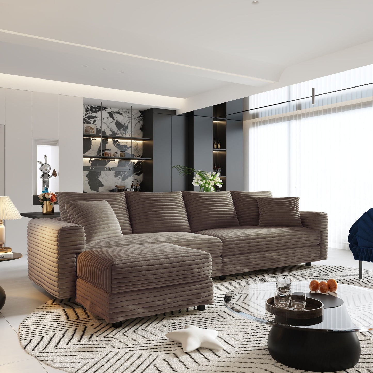 Deep Seat Convertible Sofa With Soft Pillows And Ottomans