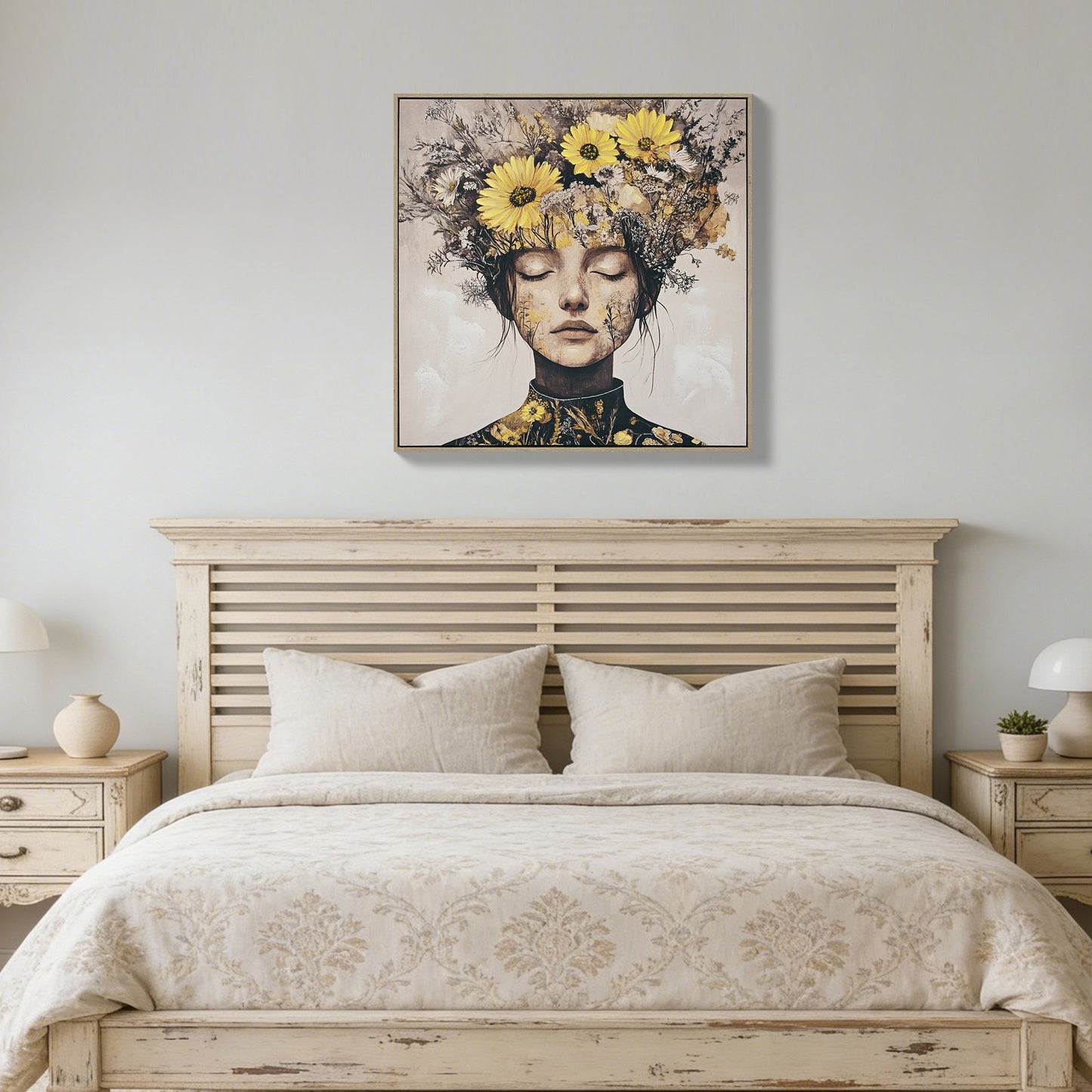 Beauty Lady Wall Art Gold and White Floral Canvas Artwork 24x24 Inch