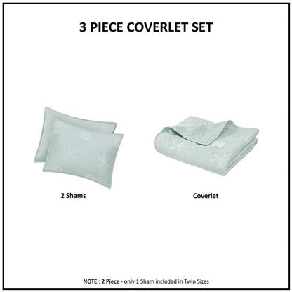 4 Piece Cotton Reversible Embroidered Quilt Set with Throw Pillow Aqua King/Cal King