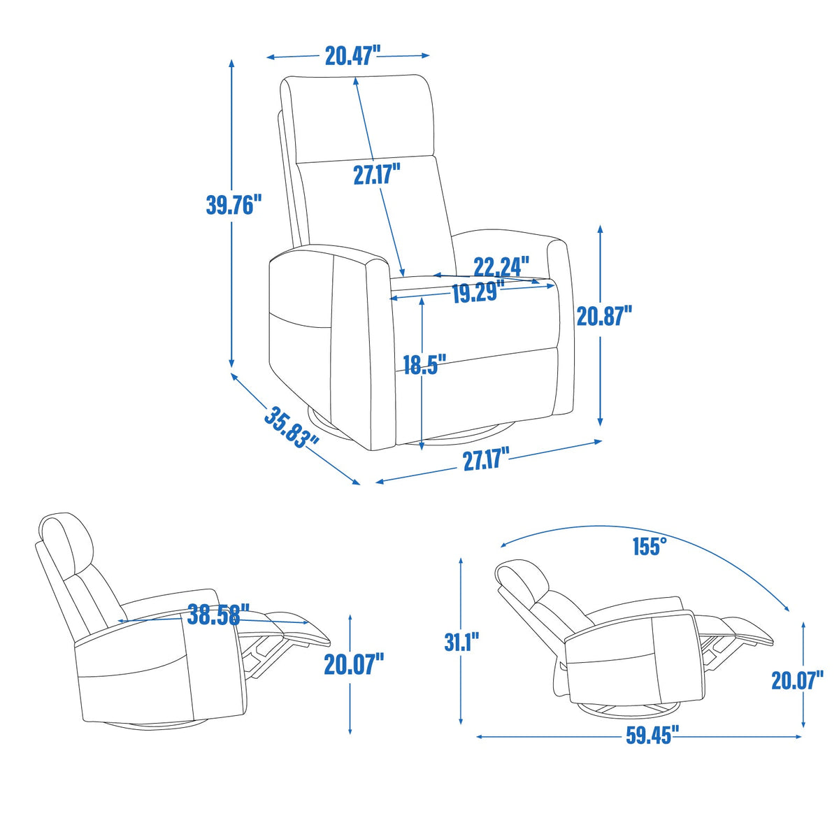 Heat Massage Manual Recliner Chair with Rocker and Swivel in Fabric