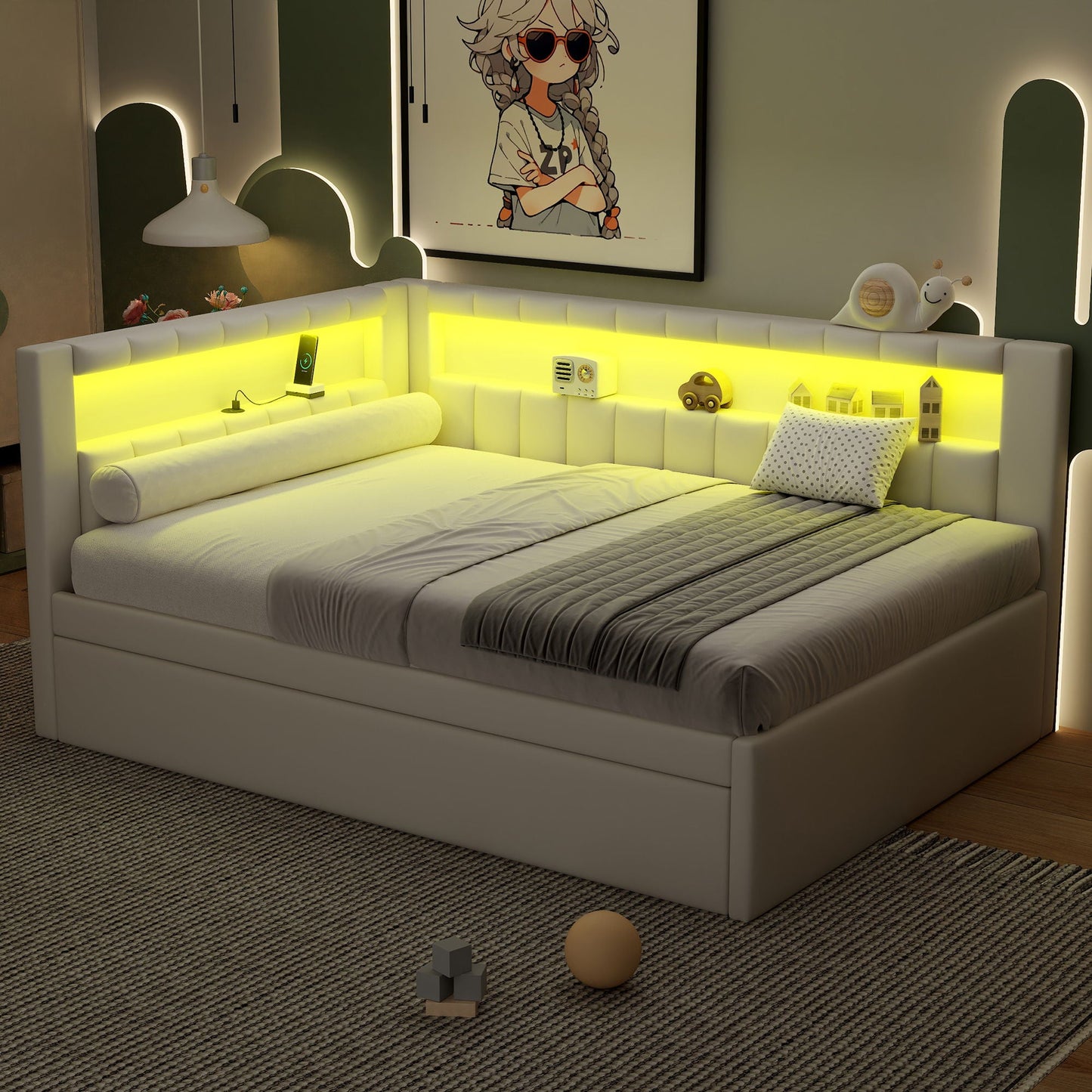 Upholstered Platform Bed With USB Ports And LED Belt