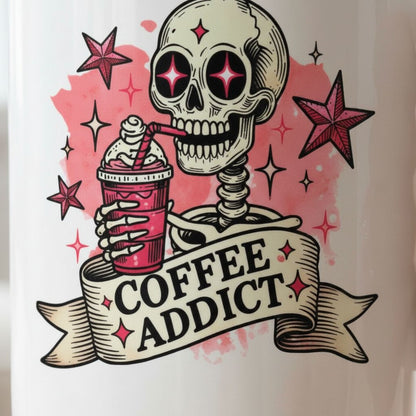 Coffee Addict Mug – Pink Skull Coffee Cup | Funny Caffeine Lover Gift, Ceramic, Dishwasher Safe
