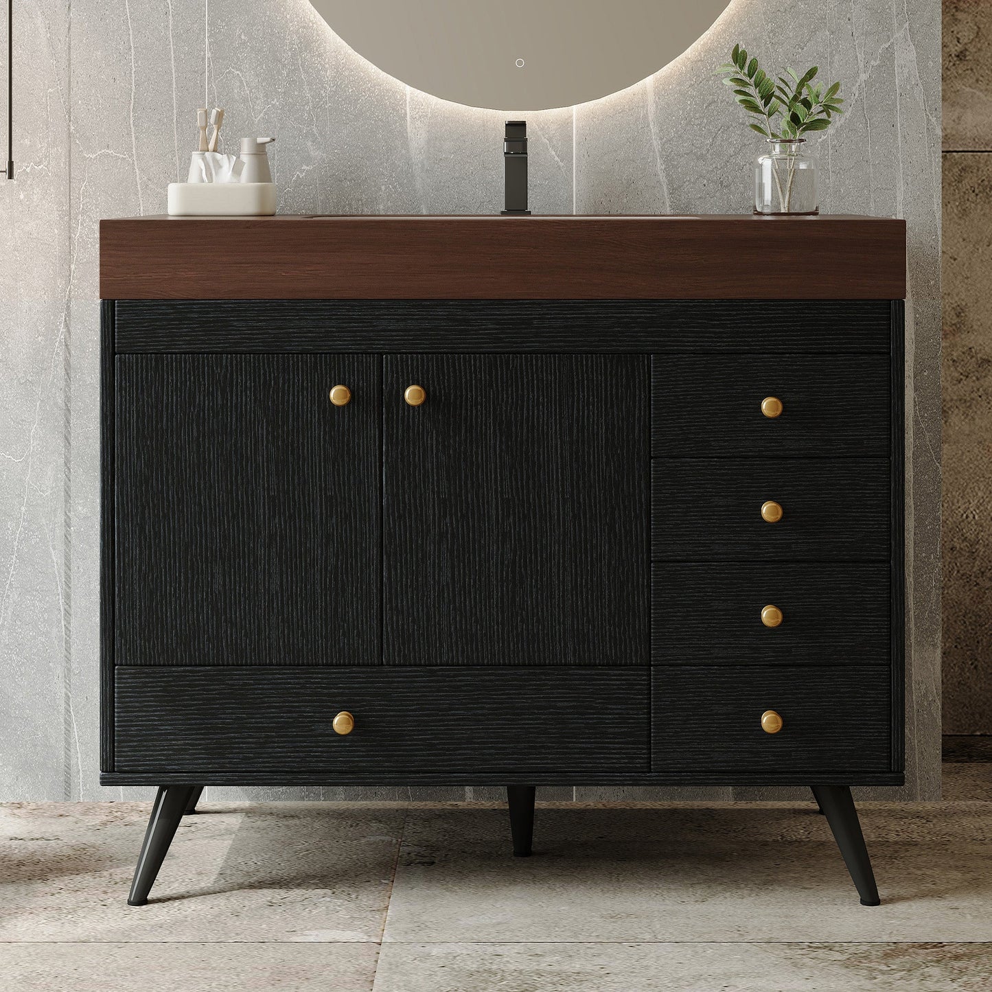 36" Freestanding Bathroom Vanity with Faux Marble Top, Ceramic Sink, 5 Drawers & Stainless Steel Legs