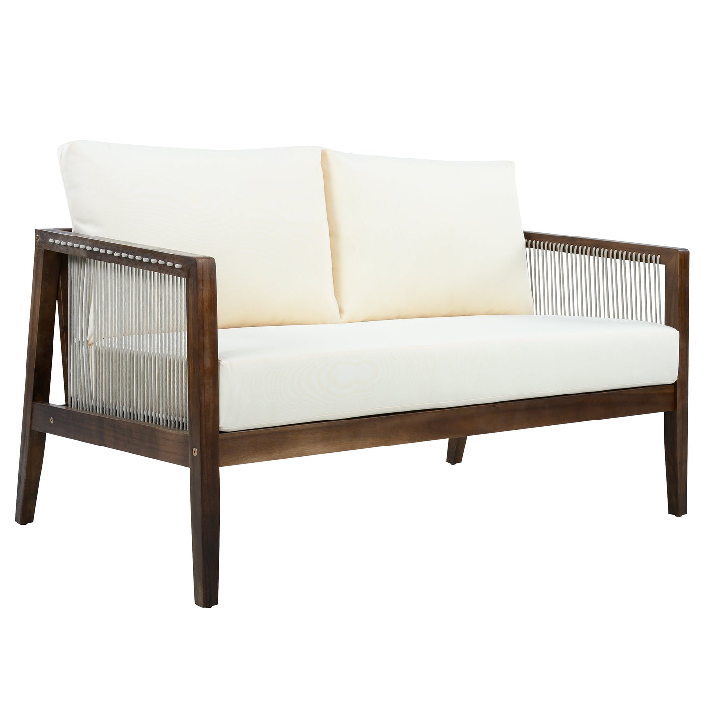 Outdoor Loveseat and Coffee Table Set, Acacia Wood Frame with Rope Detail