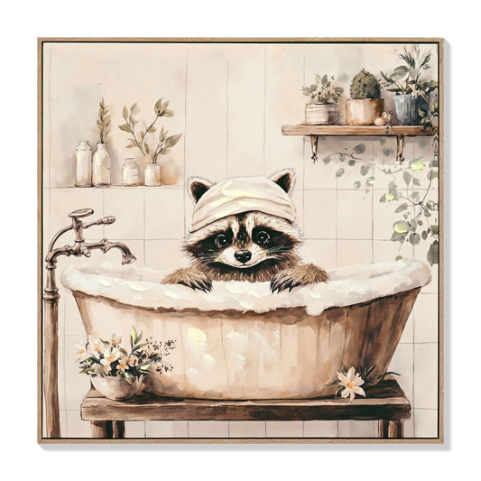 Raccoon Bathroom Canvas Wall Art, Framed - Black / Ivory