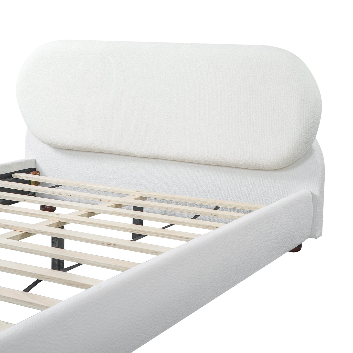 Cream-colored Boucle Upholstered Bed with Rubber Wood Foot, Queen