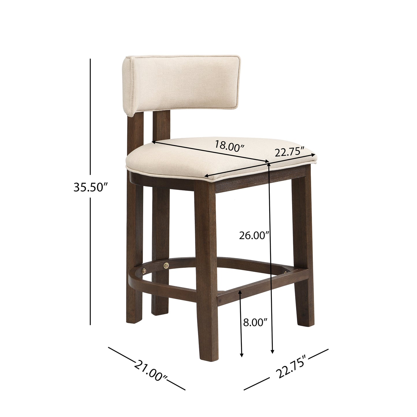 26" Counter Height Bar Stool, Upholstered Counter Stools (Set of 2) - Walnut & Beige