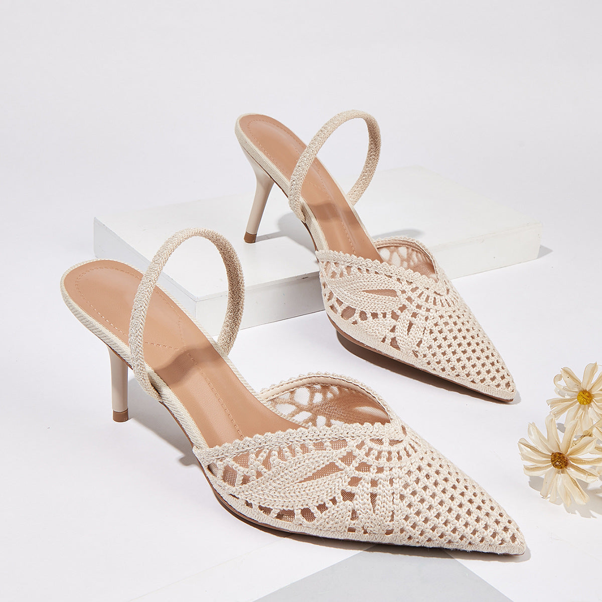 Women's French Style Knitted Cutout Pointed Toe Slingback Heeled Sandals - Elegant Casual Summer High Heel Shoes for Ladies